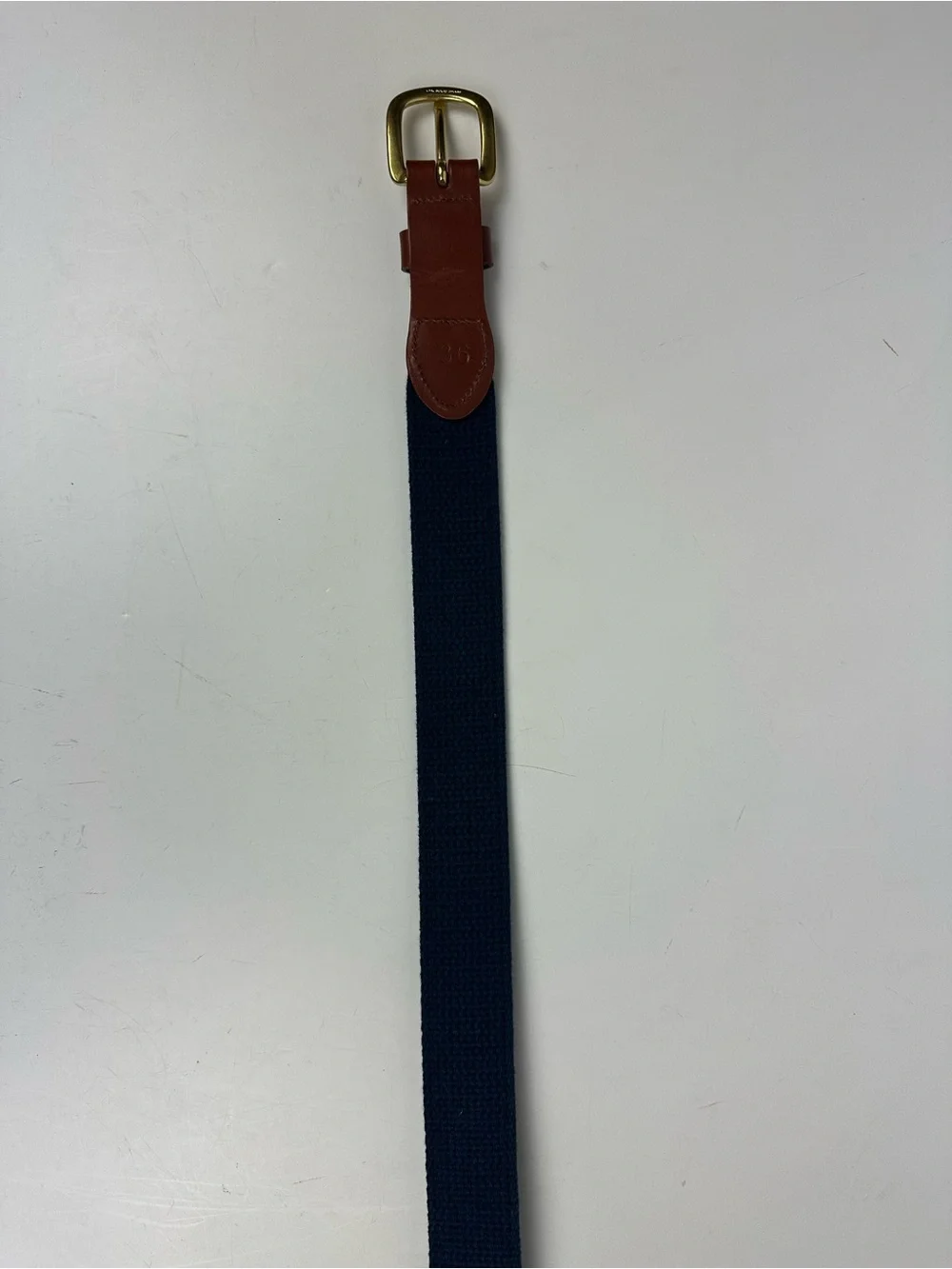 Navy Embroidered Boat Belt with Brown Leather Trim